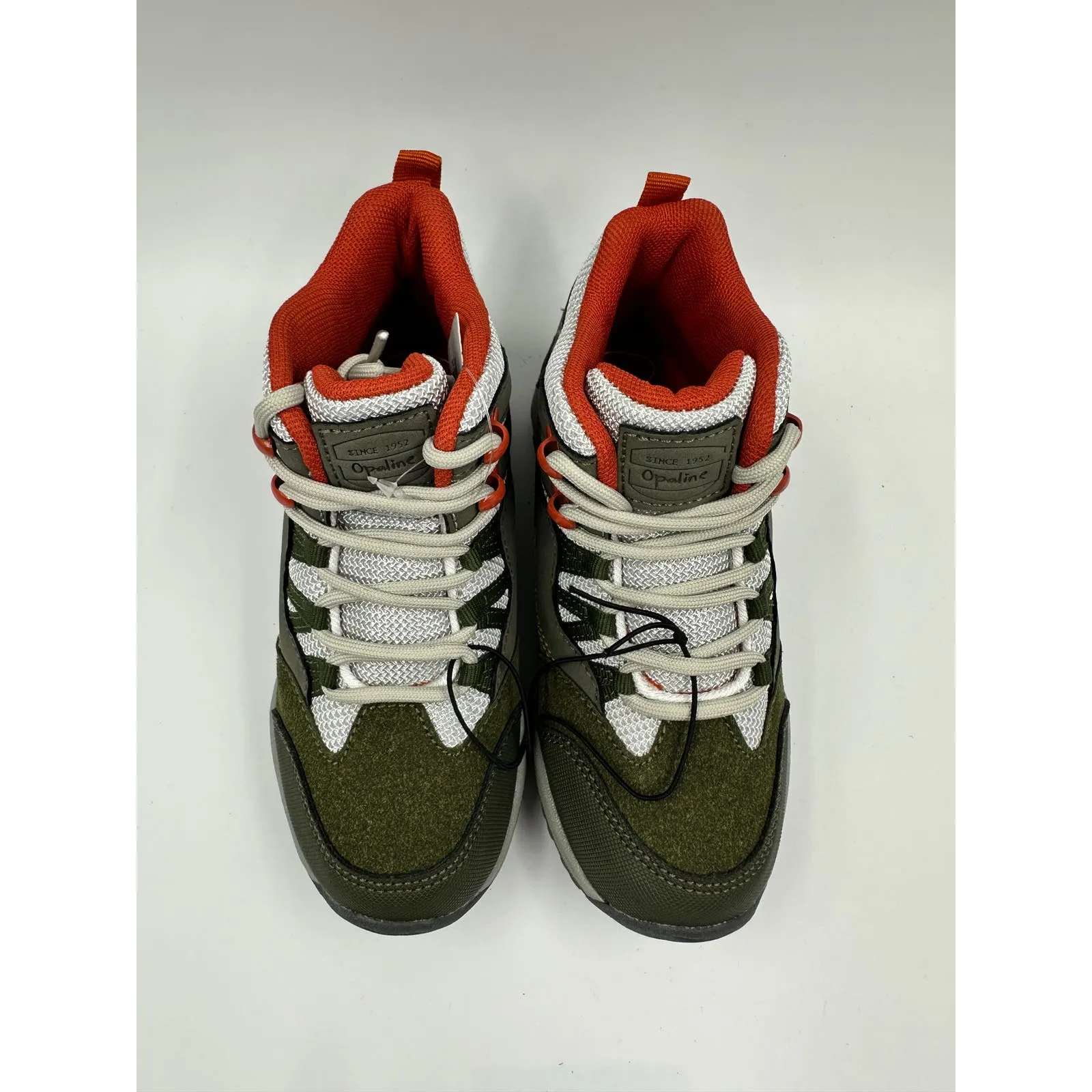 Small Kid Size 12.5, Dark Green & White High Top Hikers w/ Orange Accents