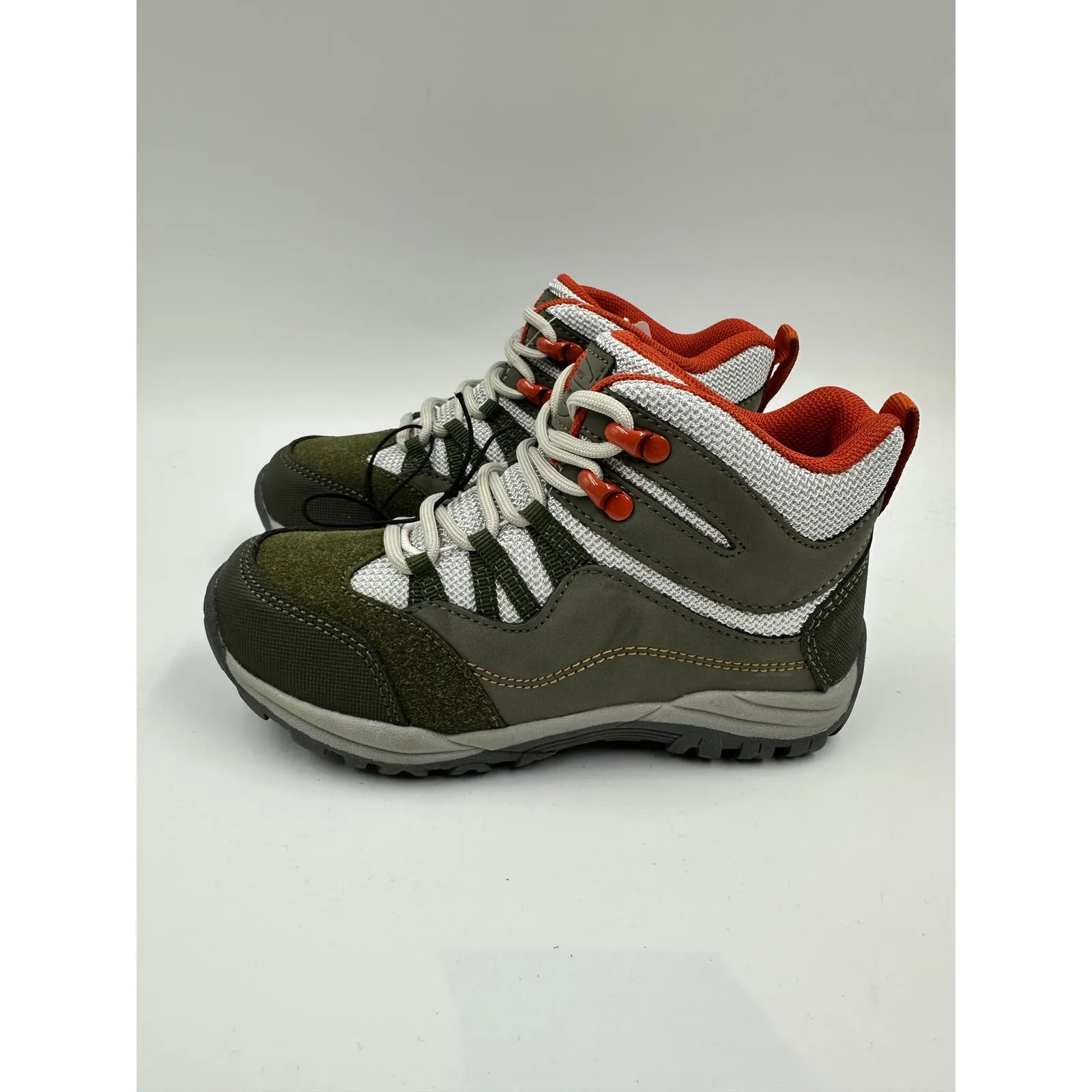 Small Kid Size 12.5, Dark Green & White High Top Hikers w/ Orange Accents