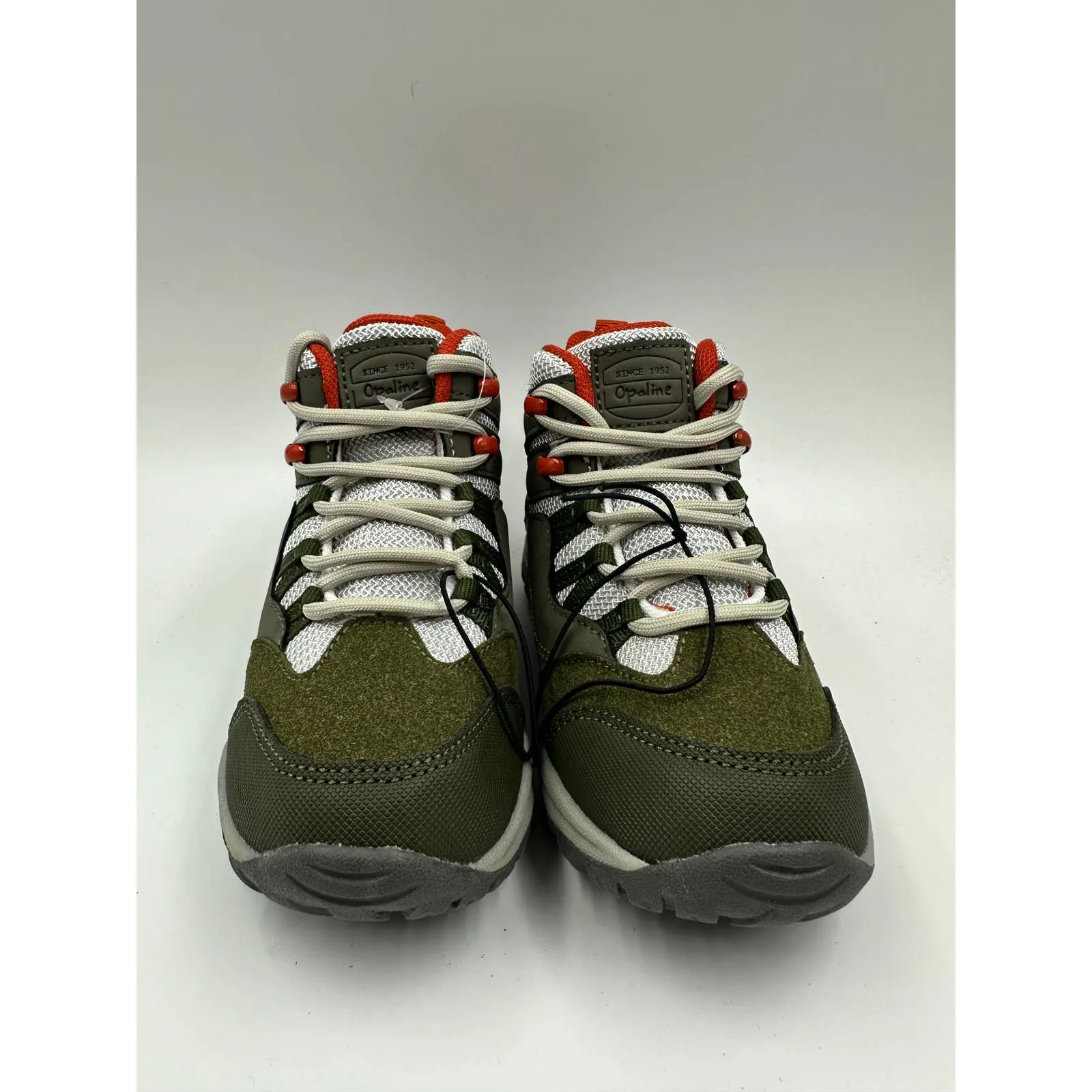 Small Kid Size 12.5, Dark Green & White High Top Hikers w/ Orange Accents