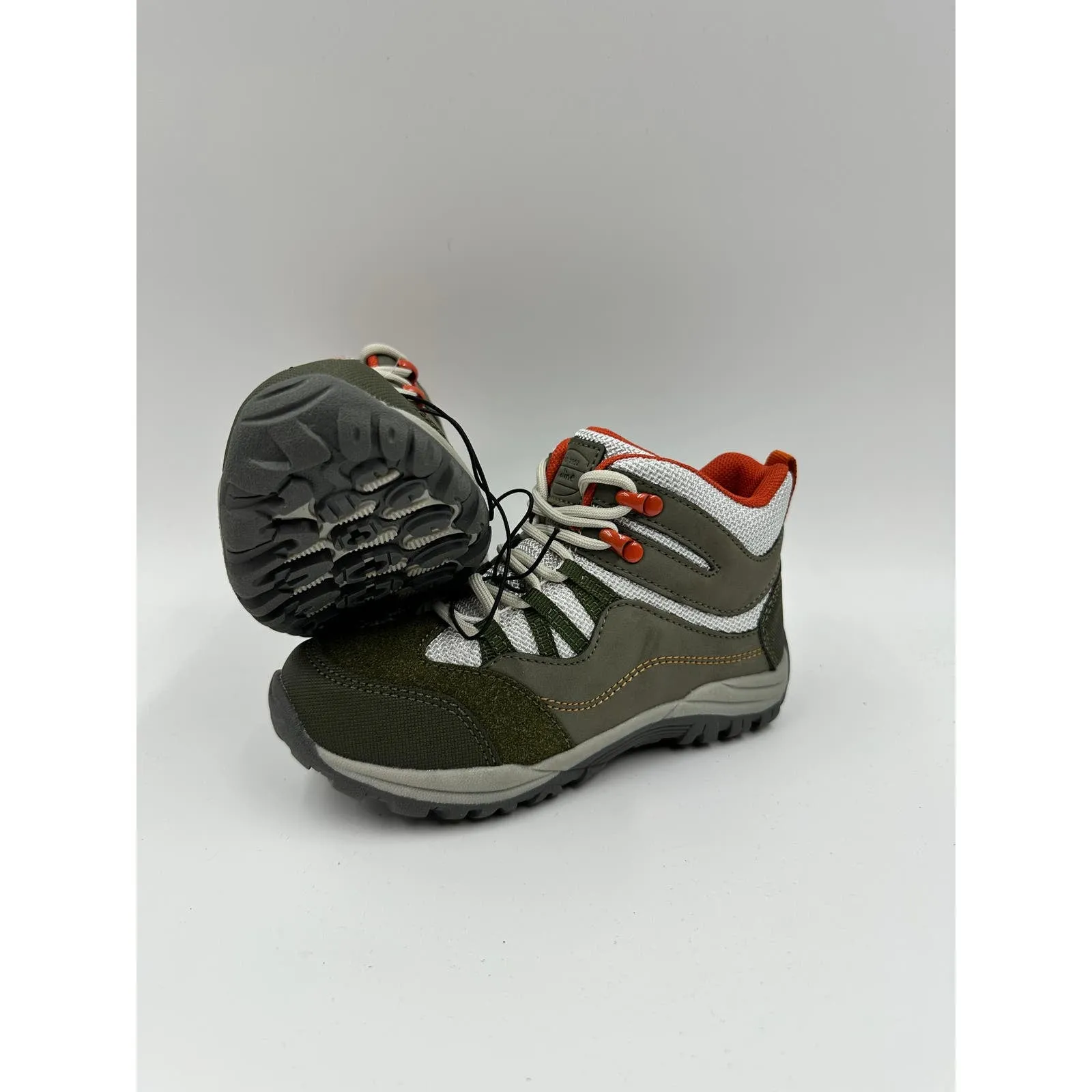 Small Kid Size 12.5, Dark Green & White High Top Hikers w/ Orange Accents