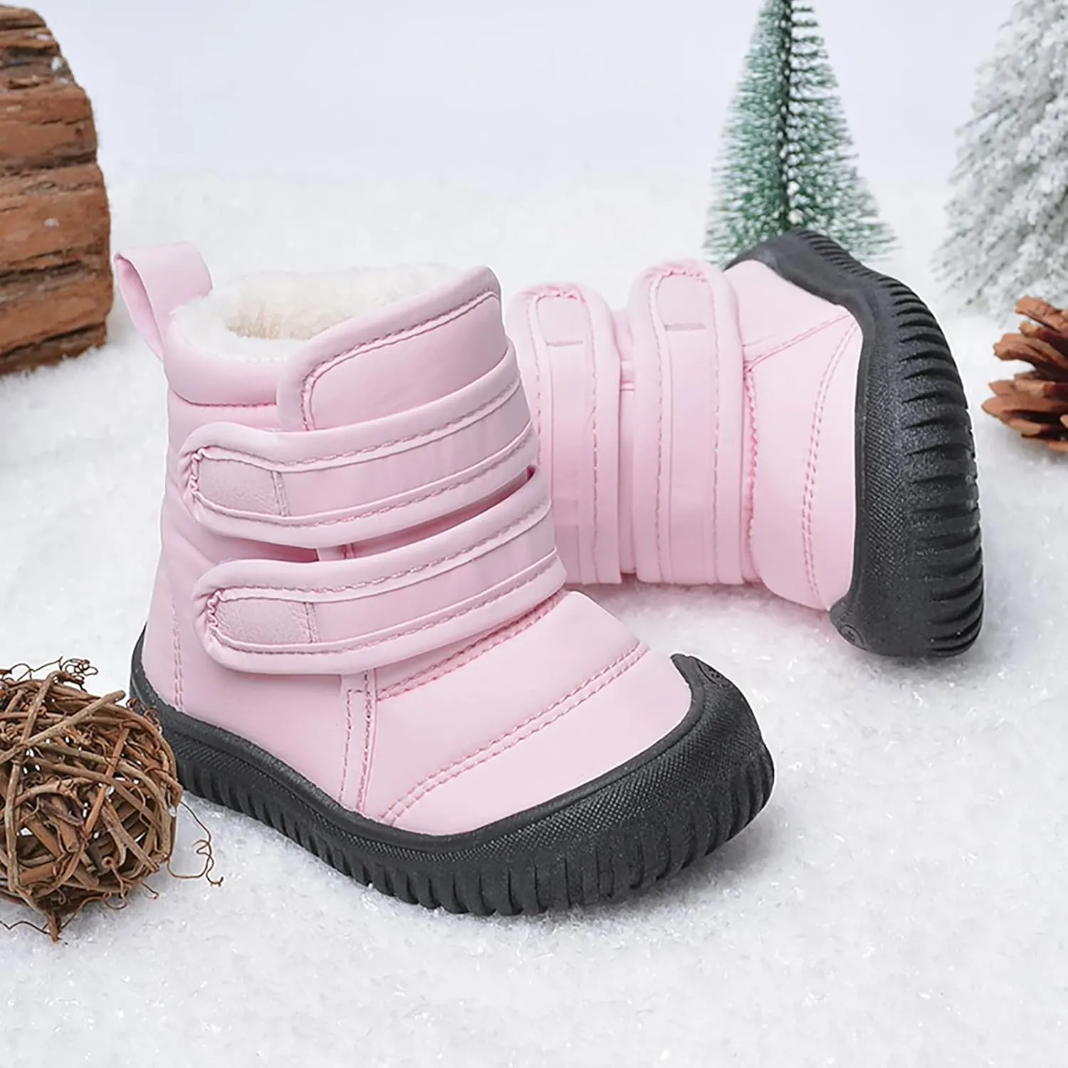 Toddler Snow Boots Double Strap Winter Warm Shoes Baby Faux Fur Lined Soft Fleece Booties with Non-Slip Rubber Sole