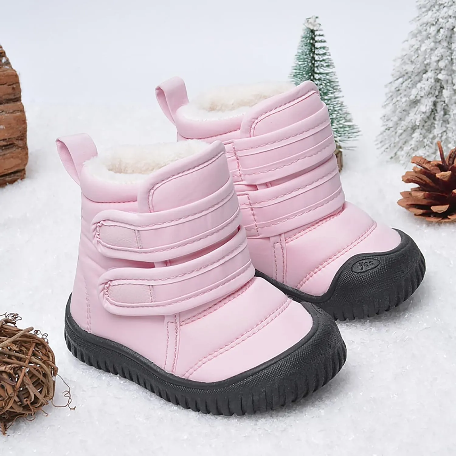 Toddler Snow Boots Double Strap Winter Warm Shoes Baby Faux Fur Lined Soft Fleece Booties with Non-Slip Rubber Sole