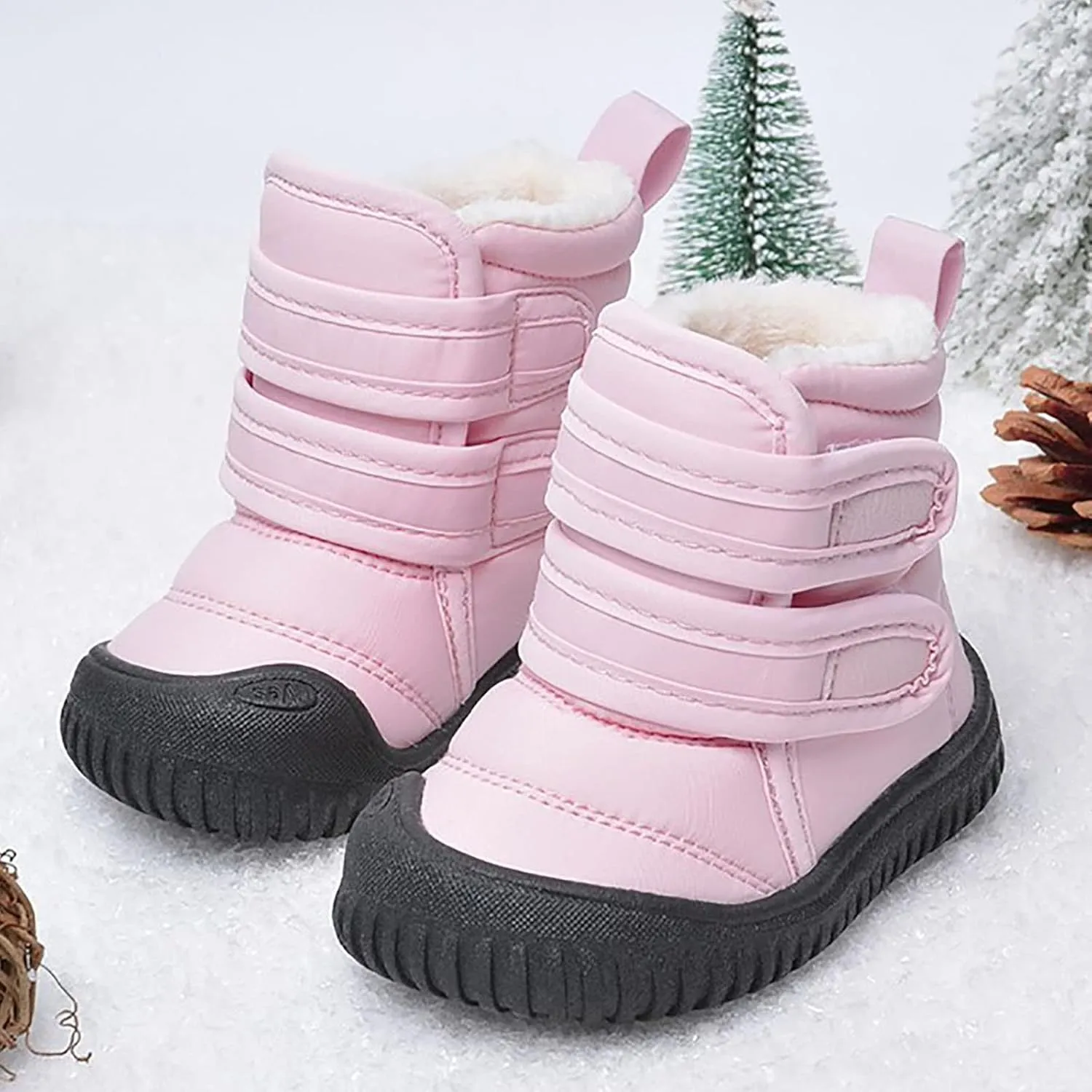 Toddler Snow Boots Double Strap Winter Warm Shoes Baby Faux Fur Lined Soft Fleece Booties with Non-Slip Rubber Sole
