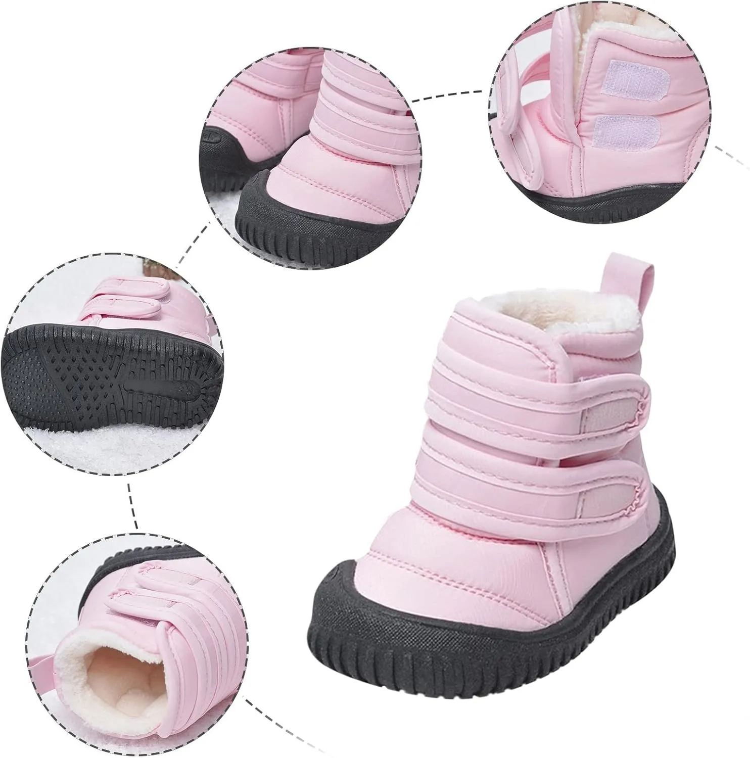 Toddler Snow Boots Double Strap Winter Warm Shoes Baby Faux Fur Lined Soft Fleece Booties with Non-Slip Rubber Sole