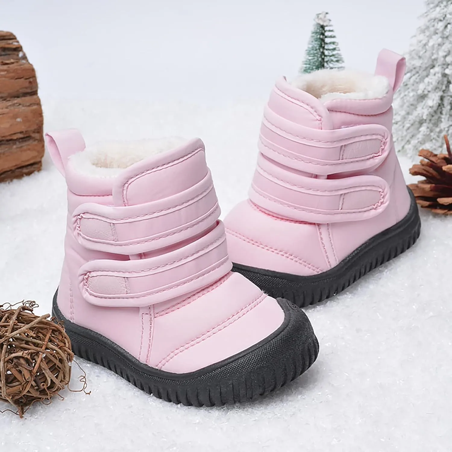 Toddler Snow Boots Double Strap Winter Warm Shoes Baby Faux Fur Lined Soft Fleece Booties with Non-Slip Rubber Sole