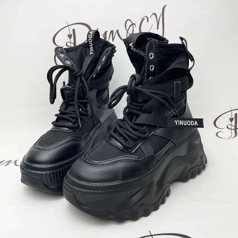 Warm Thick Buckle Lace Up Mid-calf Leather Sneaker Boots