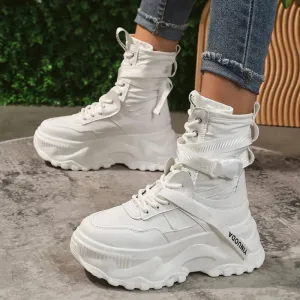 Warm Thick Buckle Lace Up Mid-calf Leather Sneaker Boots