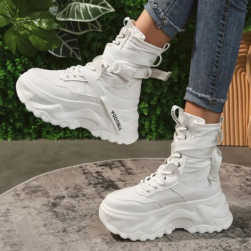 Warm Thick Buckle Lace Up Mid-calf Leather Sneaker Boots