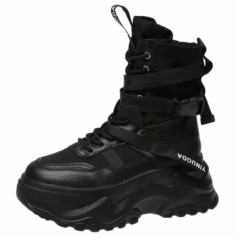 Warm Thick Buckle Lace Up Mid-calf Leather Sneaker Boots