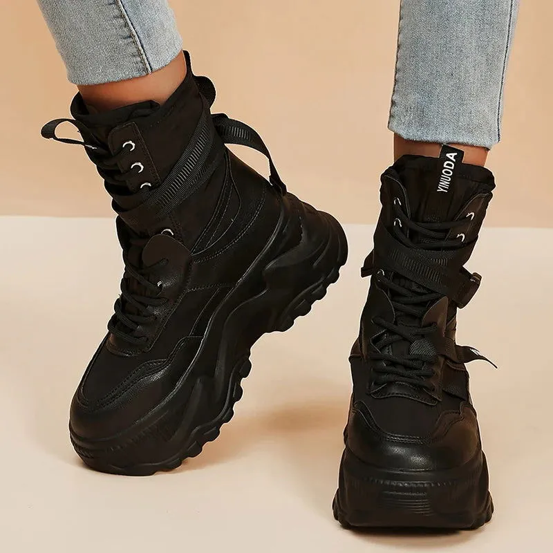 Warm Thick Buckle Lace Up Mid-calf Leather Sneaker Boots