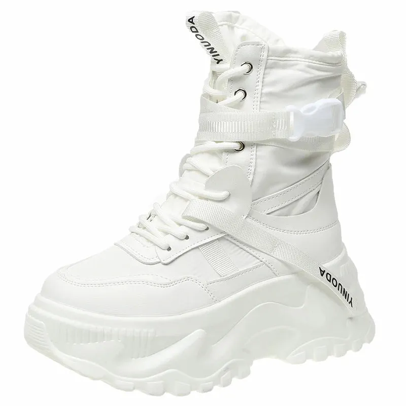 Warm Thick Buckle Lace Up Mid-calf Leather Sneaker Boots
