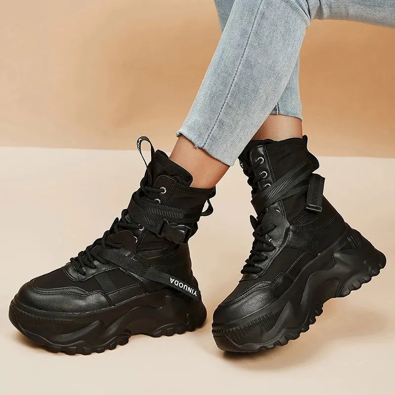 Warm Thick Buckle Lace Up Mid-calf Leather Sneaker Boots