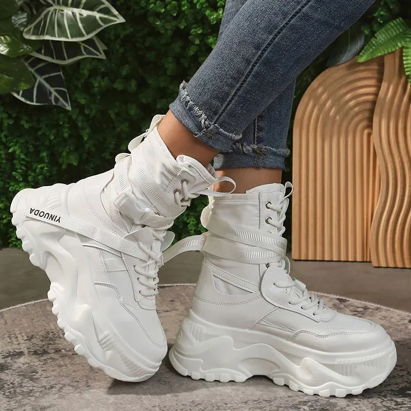 Warm Thick Buckle Lace Up Mid-calf Leather Sneaker Boots