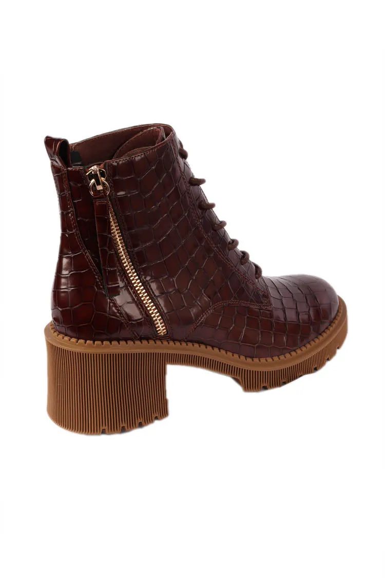 Zyan Croc Leather Boots in Nutmeg | FINAL SALE