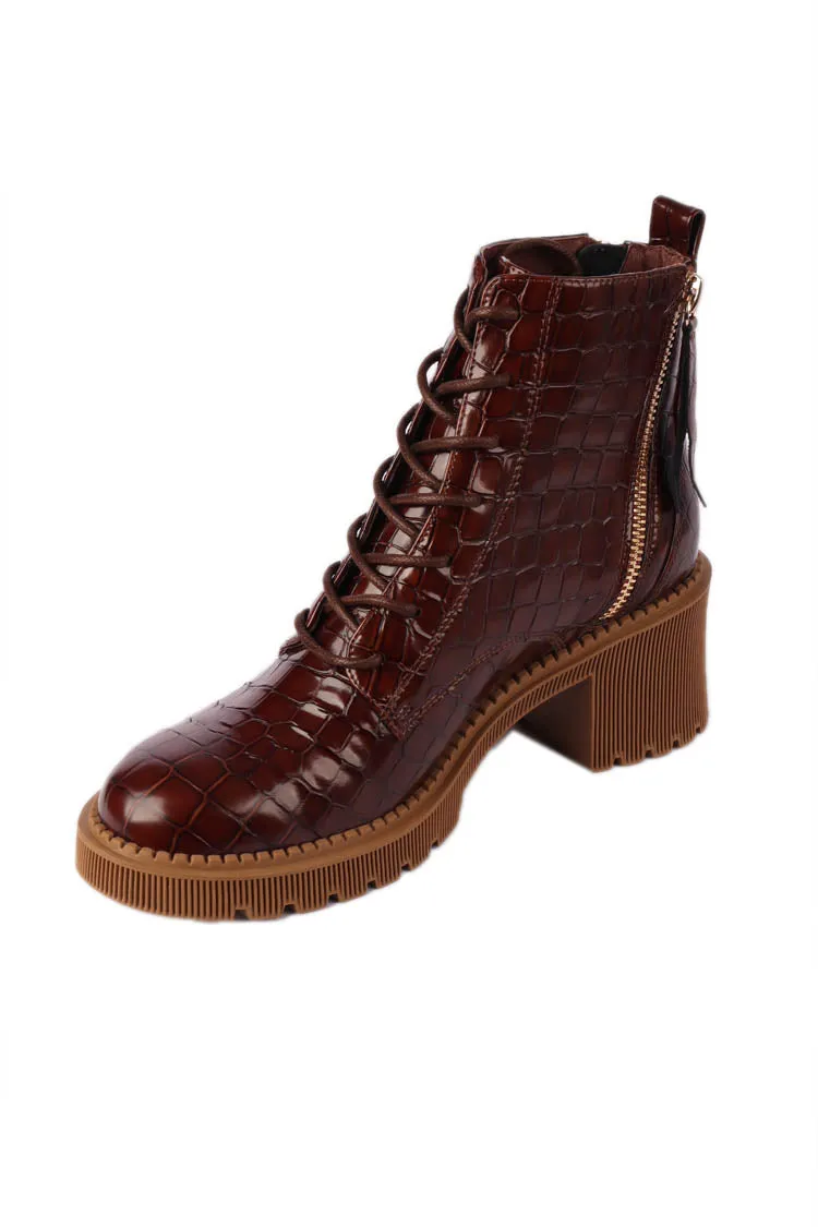 Zyan Croc Leather Boots in Nutmeg | FINAL SALE